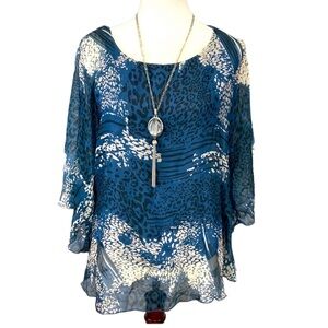 M Silk Chiffon Mixed Print Angel Sleeves Blouse